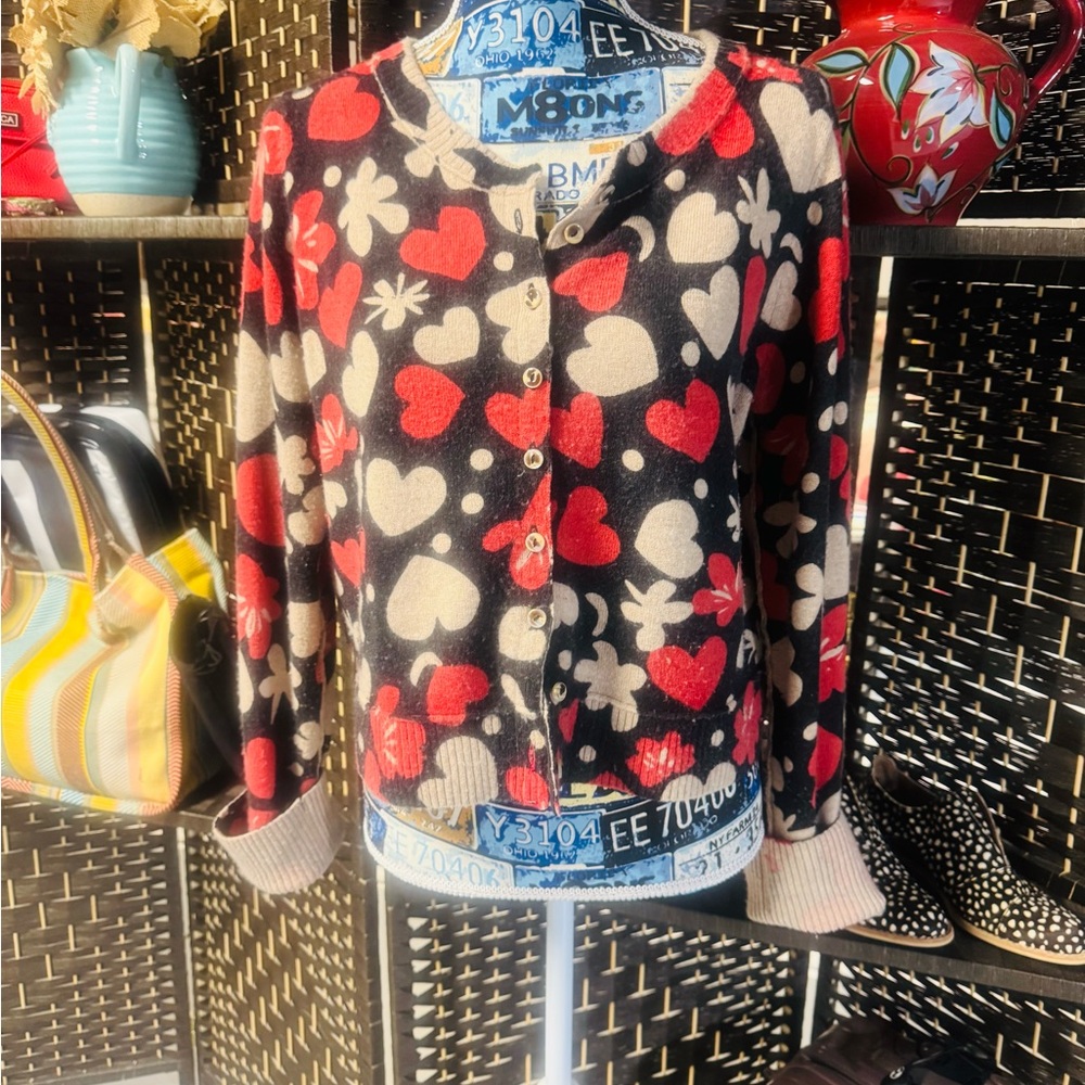 Free People Black and Red Heart Cardigan